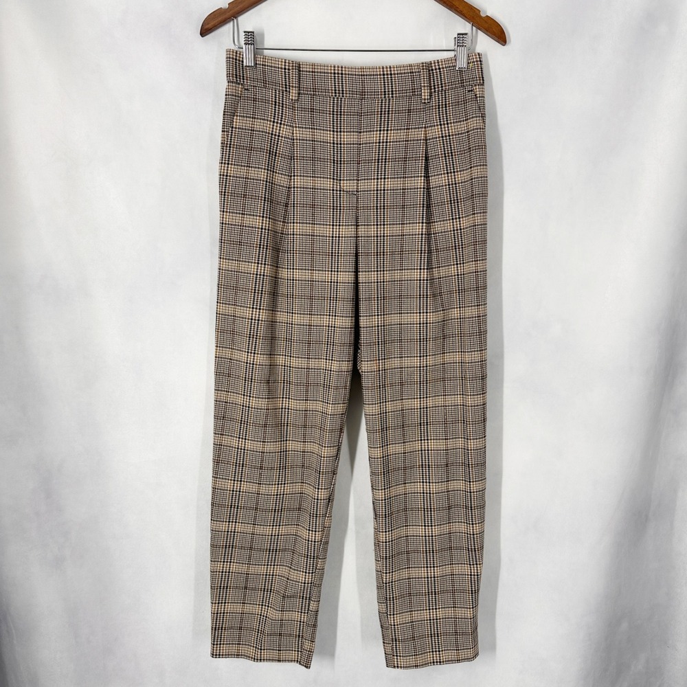 LOFT Plaid Brown Gold Metallic Pull-on Pleated Ankle Pants Women's Size Small